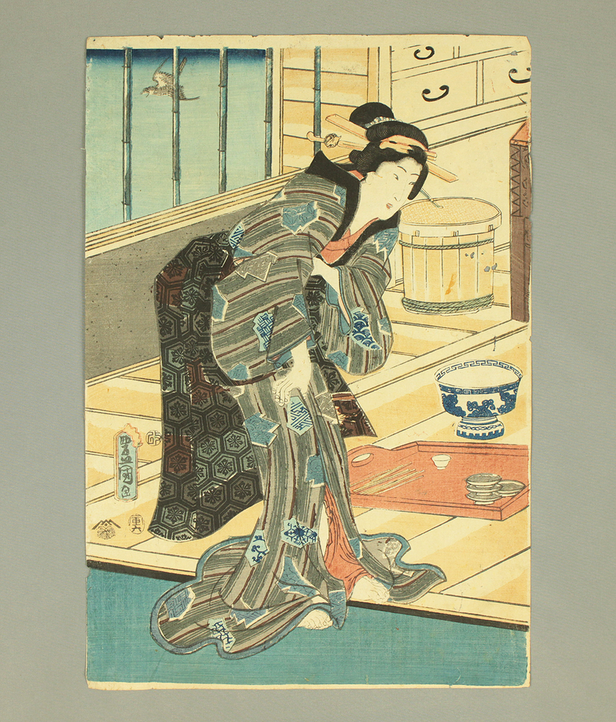 歌川国貞 版上落款印譜『思事鏡写絵 湯上り』手刷木版画 昭和期 歌川国貞 版上落款印譜『思事鏡写絵 湯上り』手刷木版画 昭和期