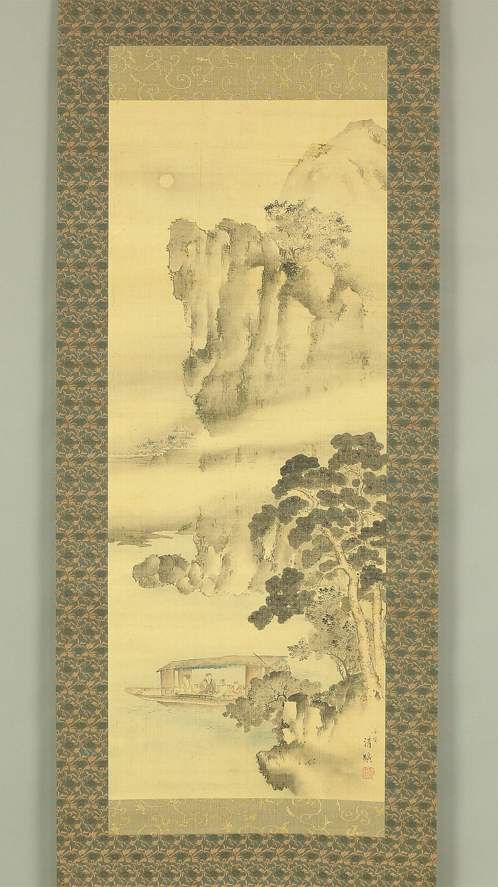 岡島清曠 Okajima Seiko (1828-1877) Japanese art kakejiku kakemono wall hanging  scroll / 赤壁山水 Red Cliff Landscape - Sightseeing Boat under Moon and Cliff  