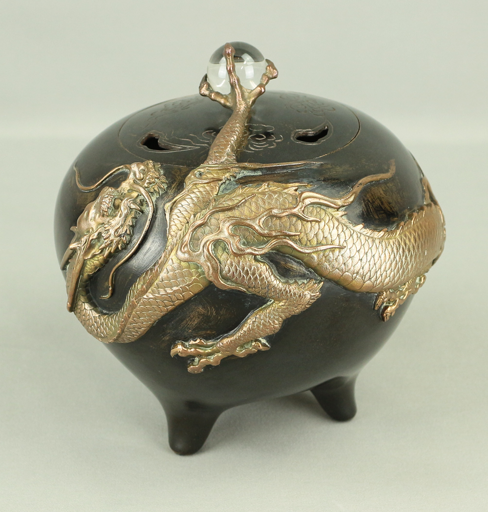 Japanese Copper Incense Burner Koro Carp Climbing Waterfall Koi Fish Dark  Brown