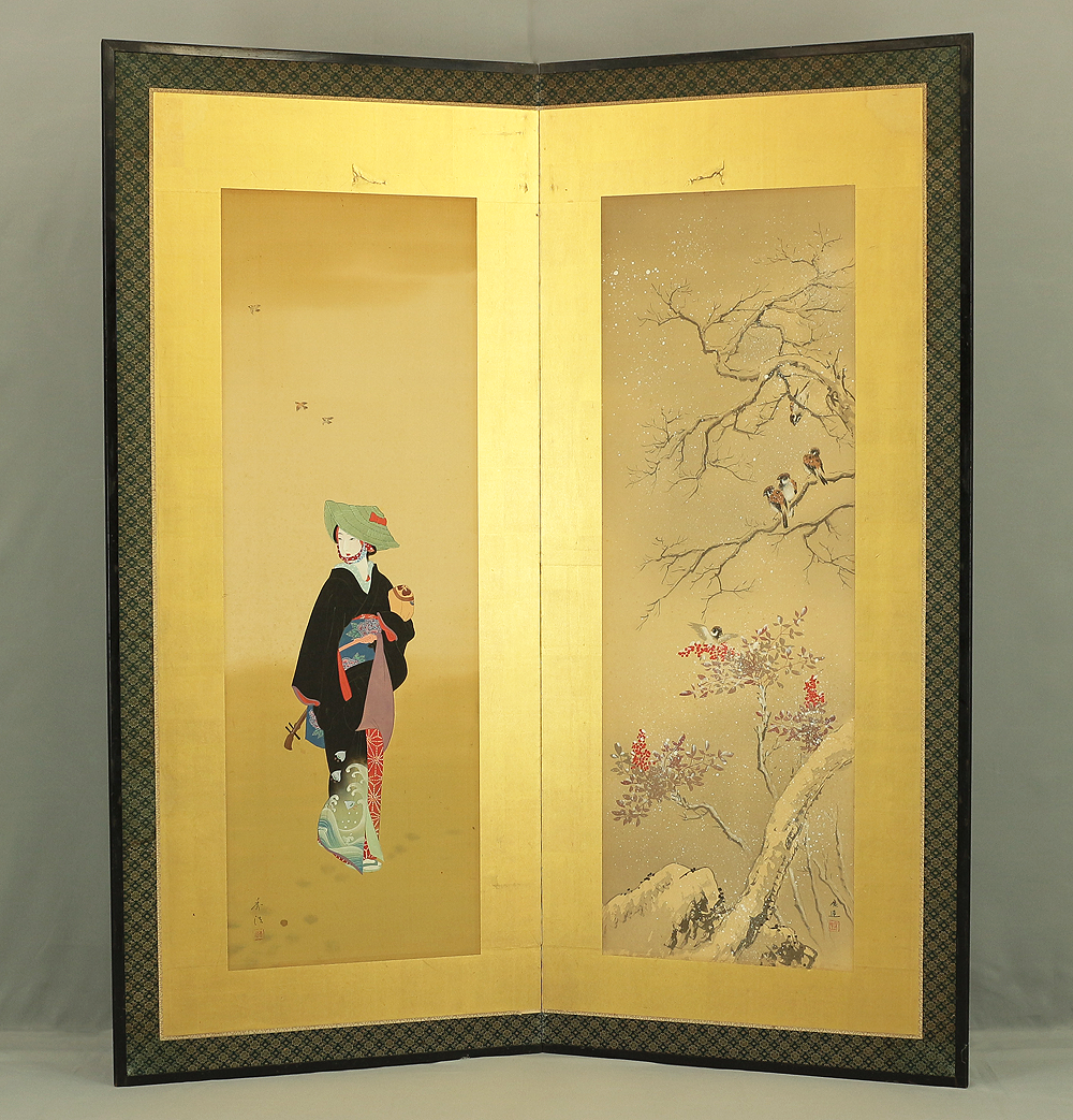 Byobu Folding Screen Room divider 2 panels / 'Sparrows Nandina in Wint ...