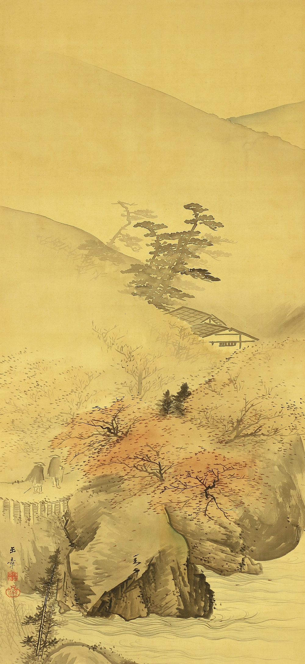川端玉章 Kawabata Gyokusho (1842-1913) Japanese antique art kakejiku kakemono  wall hanging scroll / Travellers in Autumn Scenery Sansui Landscape with 