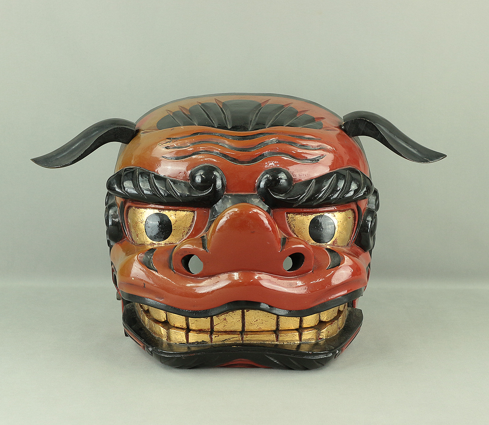 Shishigashira Japanese Old lacquered Gilt with eyes and tooth Shishimai  head Mask Kagura Lion head Shinto tool ornament Okimono V708