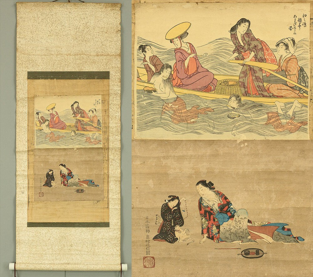 喜多川歌麿 Kitagawa Utamaro,奥村政信 Okumura Masanobu Japanese antique art Two  attached woodblock prints hanging scroll Ukiyo-e beauty